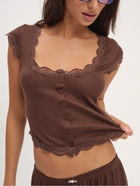 NWT For Love & Lemons Elliana Brown Pointelle Lace Trim Sleep Top Size Large